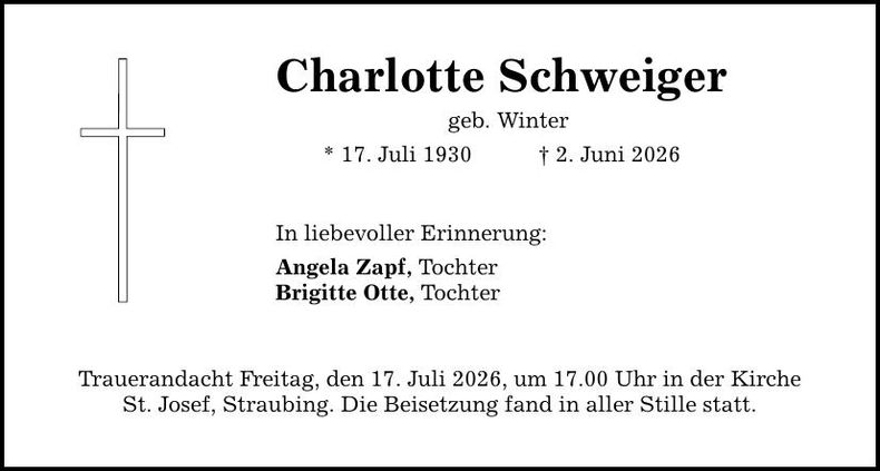 Traueranzeige Charlotte Schweiger