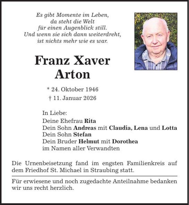 Traueranzeige Franz Xaver Arton