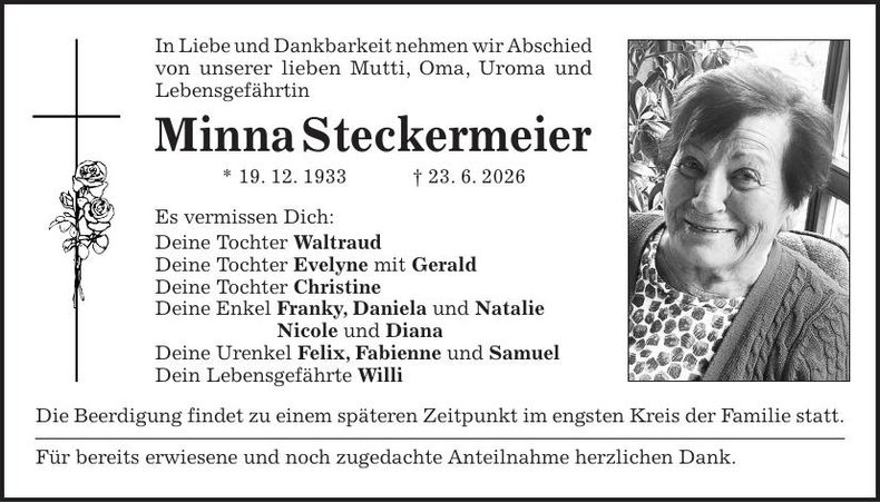 Traueranzeige Minna Steckermeier