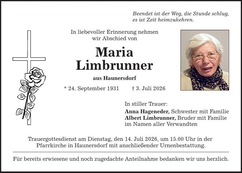 Traueranzeige Maria Limbrunner