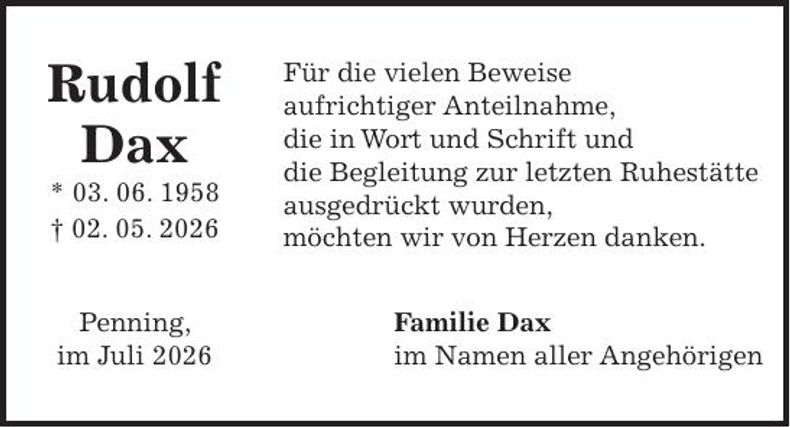 Traueranzeige Rudolf Dax
