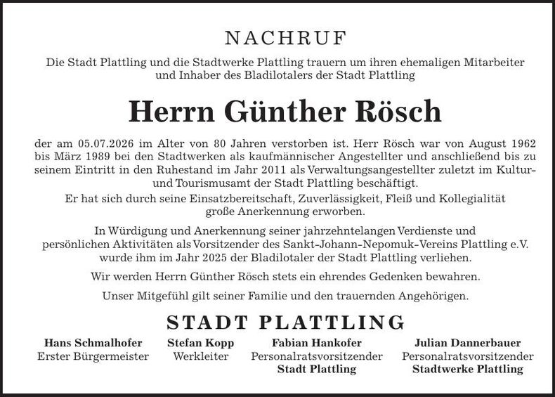 Traueranzeige Günther Rösch