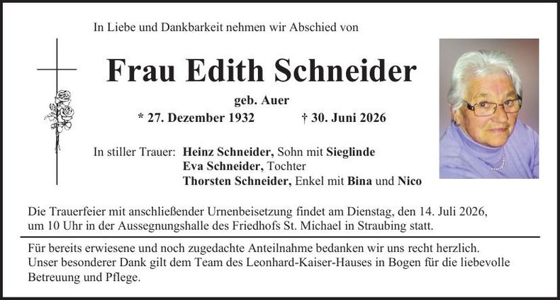 Traueranzeige Edith Schneider