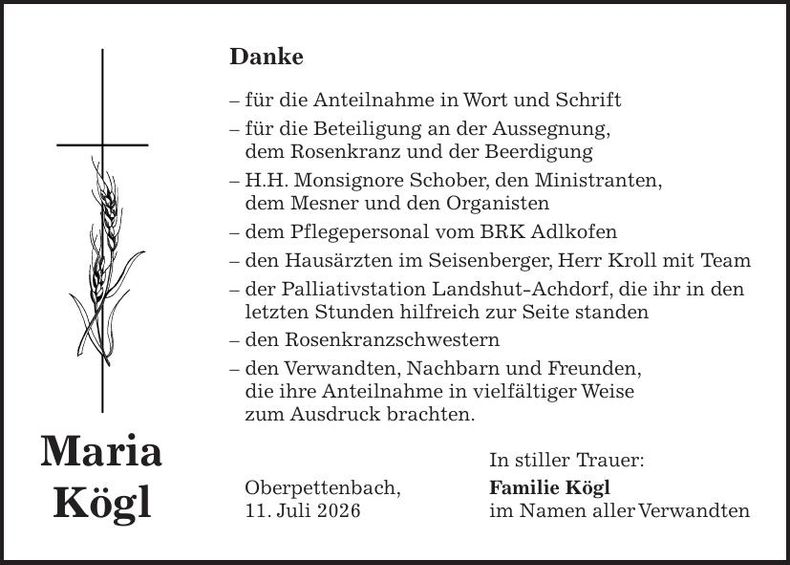 Traueranzeige Maria Kögl