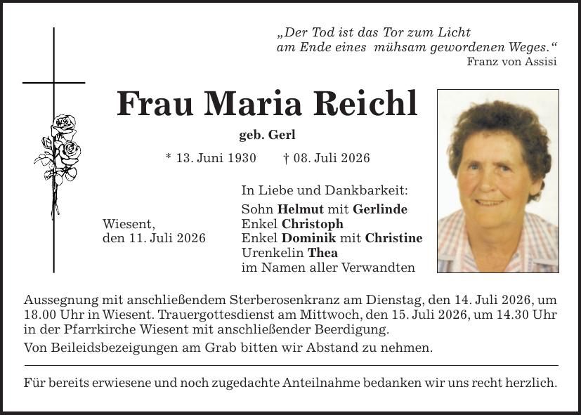 Traueranzeige Maria Reichl