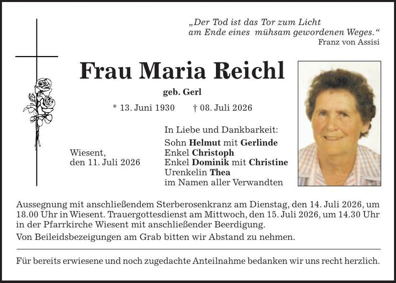 Traueranzeige Maria Reichl