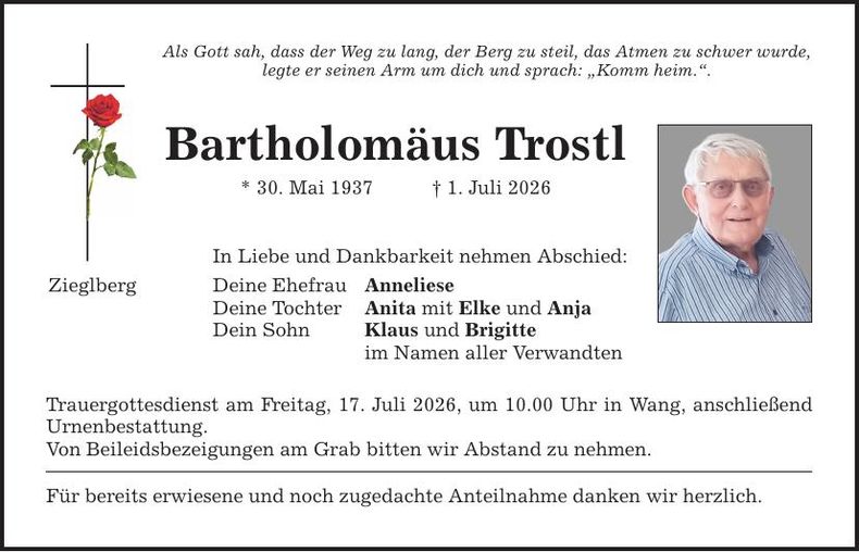 Traueranzeige Bartholomäus Trostl