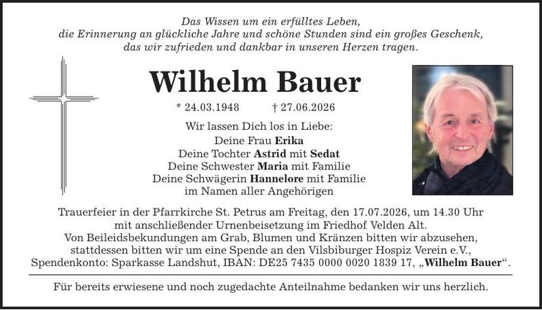 Traueranzeige Wilhelm Bauer