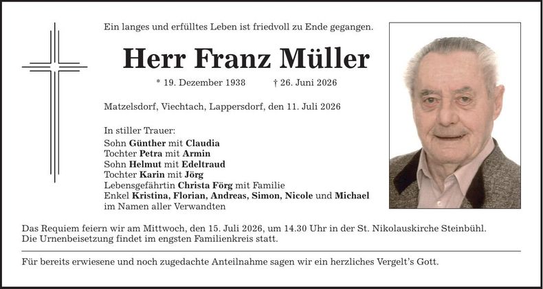 Traueranzeige Franz Müller