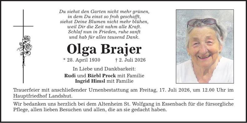 Traueranzeige Olga Brajer