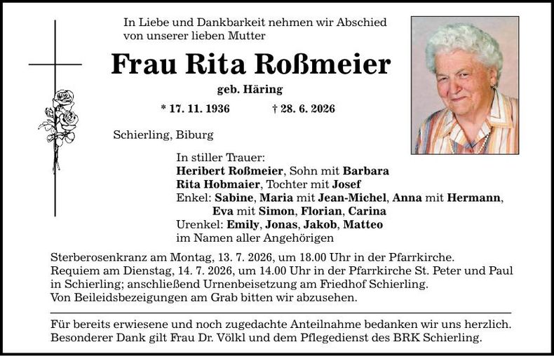 Traueranzeige Rita Roßmeier