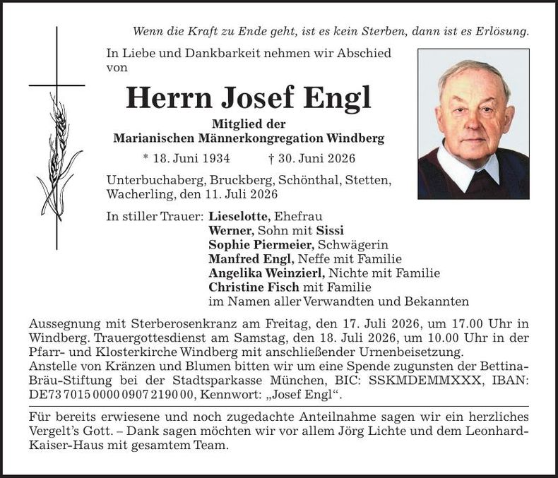 Traueranzeige Josef Engl