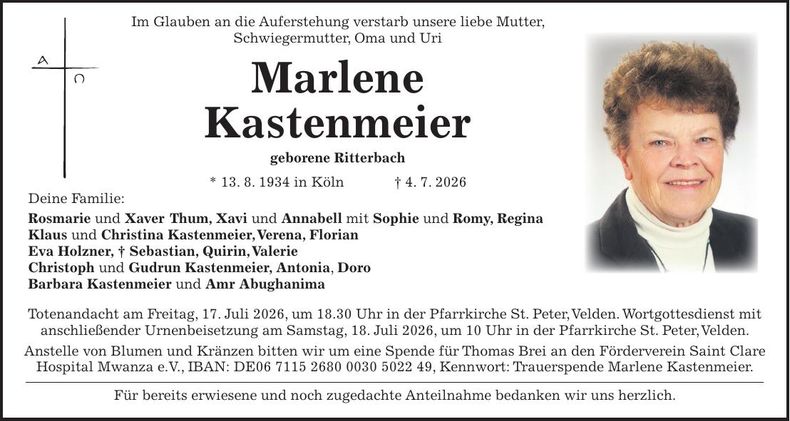 Traueranzeige Marlene Kastenmeier