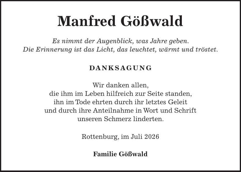 Traueranzeige Manfred Gößwald