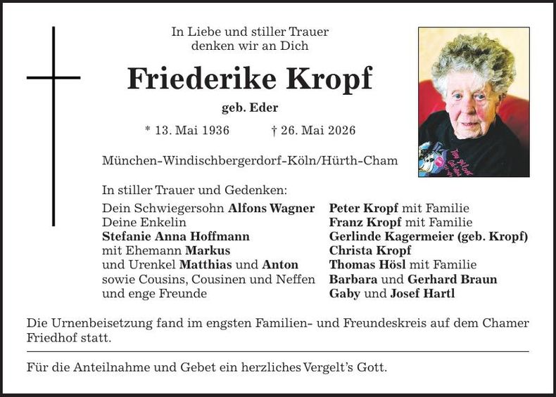 Traueranzeige Friederike  Kropf