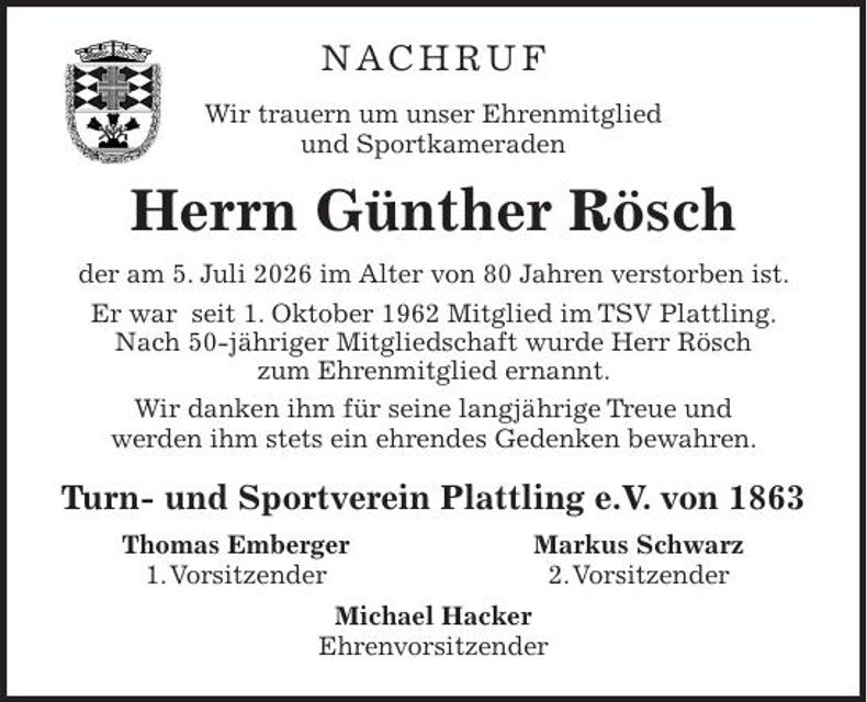 Traueranzeige Günther Rösch