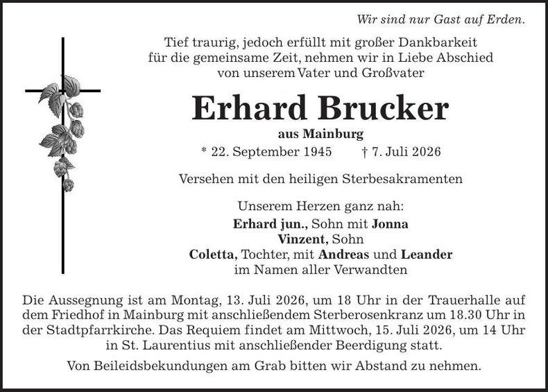 Traueranzeige Erhard Brucker