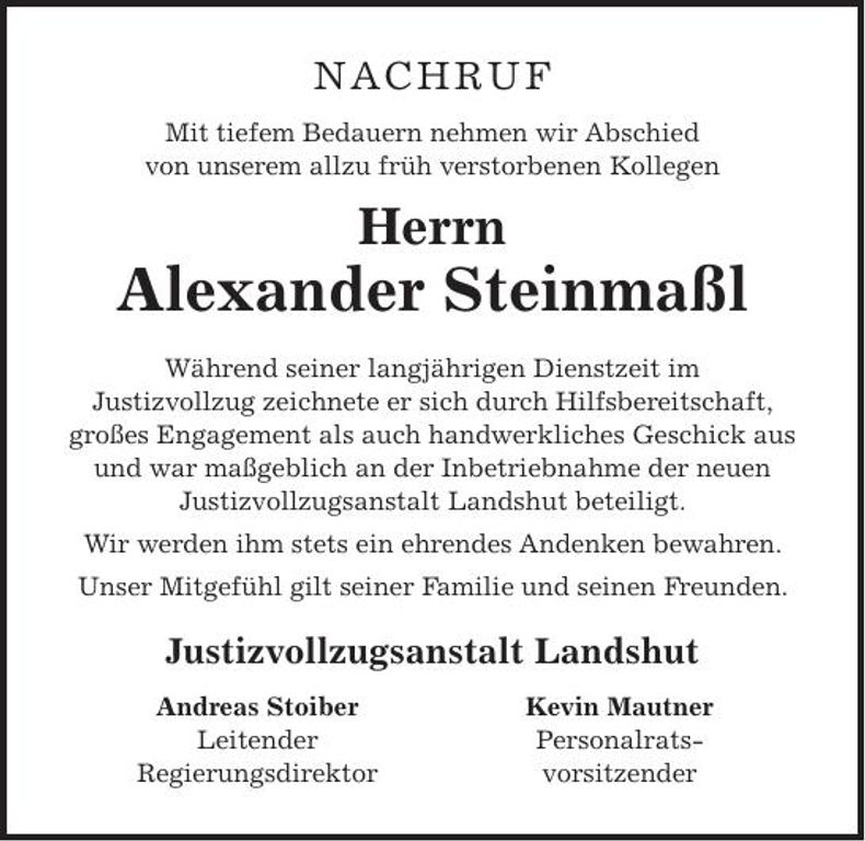 Traueranzeige Alexander Steinmaßl