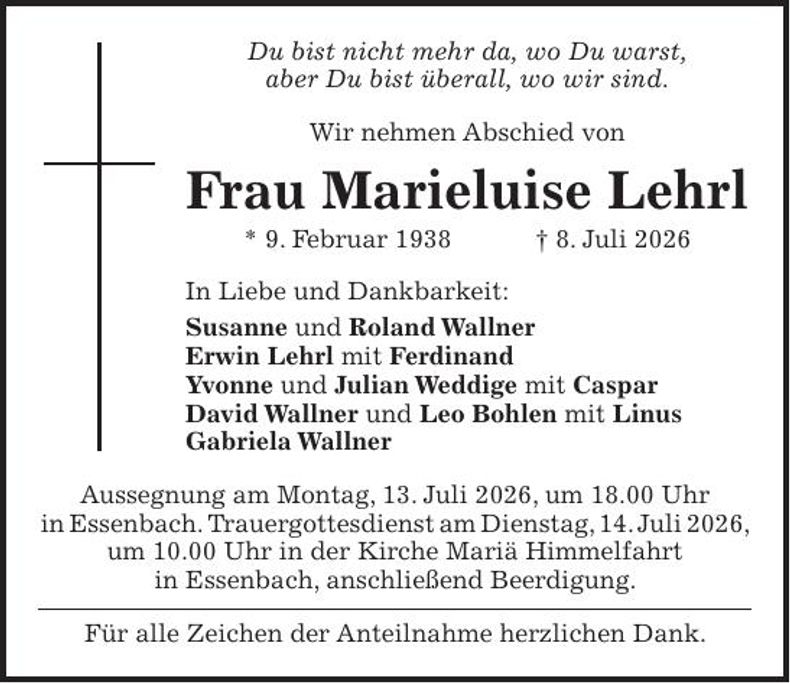 Traueranzeige Marieluise Lehrl
