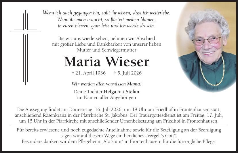 Traueranzeige Maria Wieser