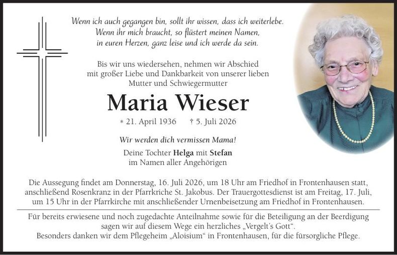 Traueranzeige Maria Wieser