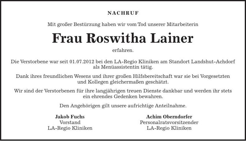 Traueranzeige Roswitha  Lainer