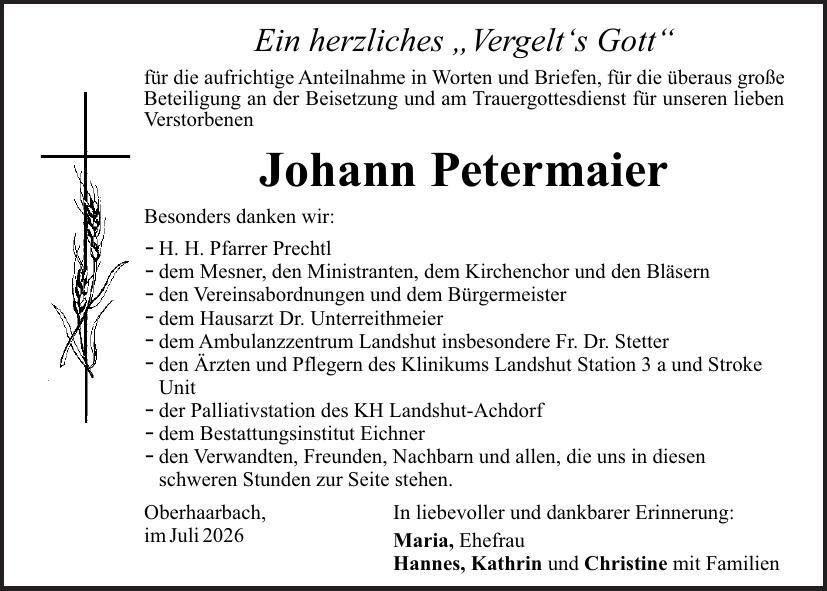 Traueranzeige Johann Petermeier