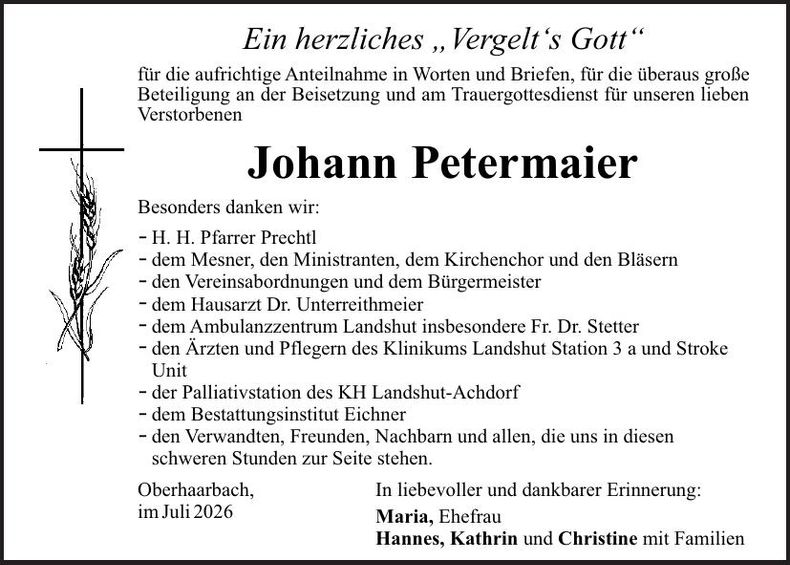 Traueranzeige Johann Petermeier