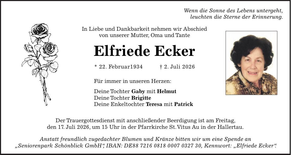 Traueranzeige Elfriede Ecker