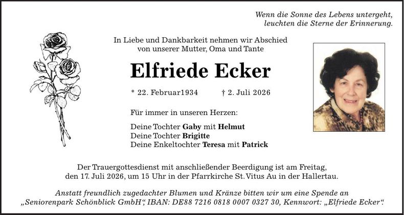 Traueranzeige Elfriede Ecker