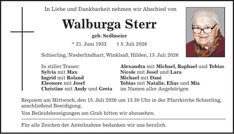 Traueranzeige Walburga Sterr