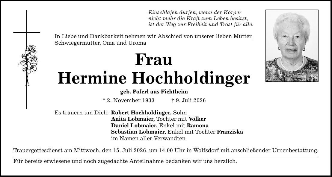 Traueranzeige Hermine Hochholdinger