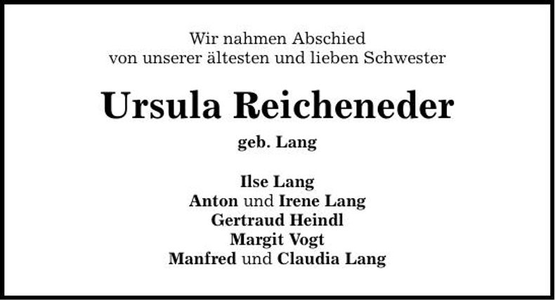 Traueranzeige Ursula Reicheneder