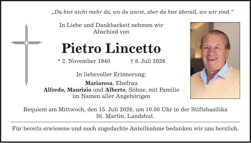 Traueranzeige Pietro Lincetto