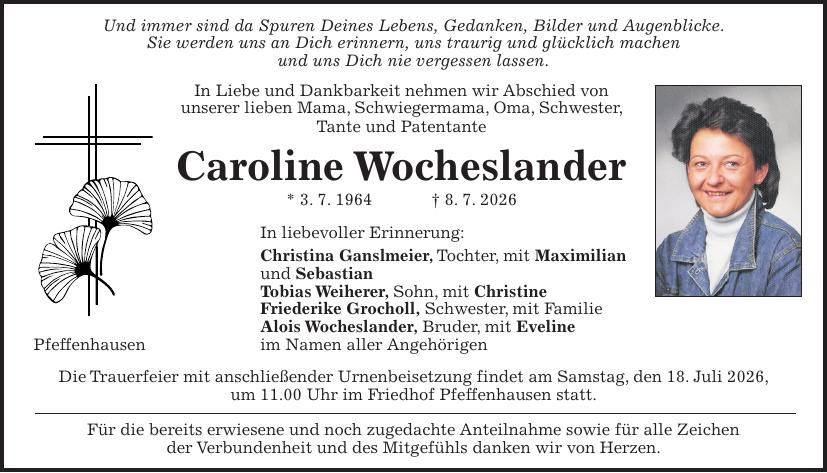 Traueranzeige Caroline Wocheslander
