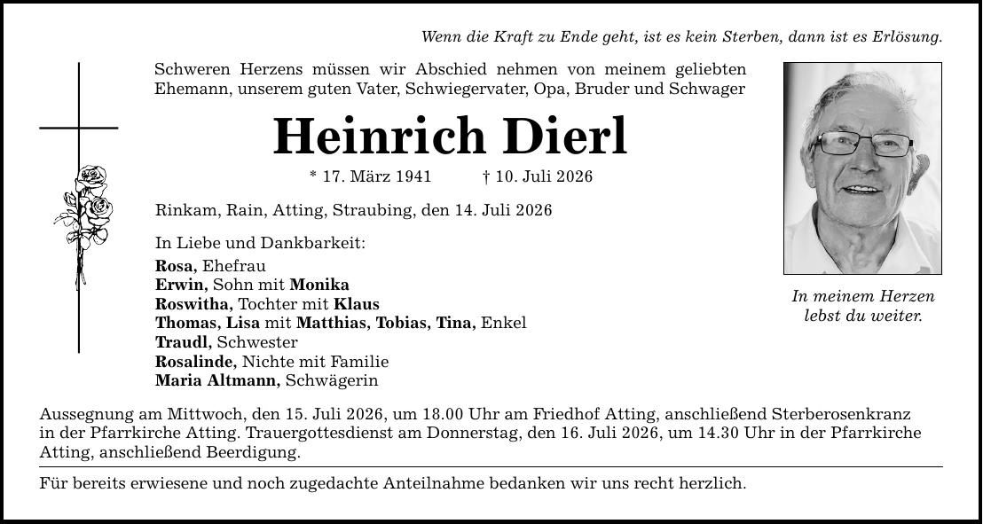 Traueranzeige Heinrich Dierl