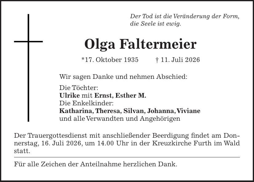 Traueranzeige Olga Faltermeier