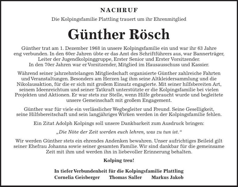 Traueranzeige Günther Rösch