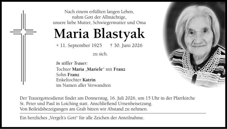 Traueranzeige Maria Blastyak