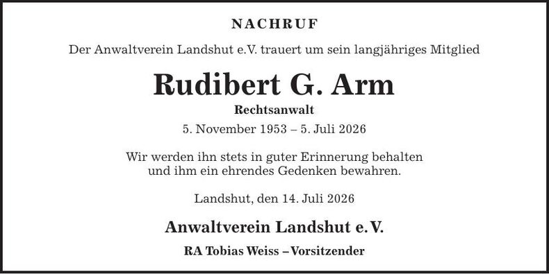 Traueranzeige Rudibert G. Arm Arm