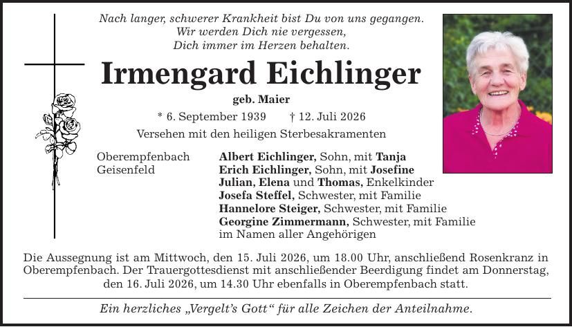 Traueranzeige Irmengard Eichlinger