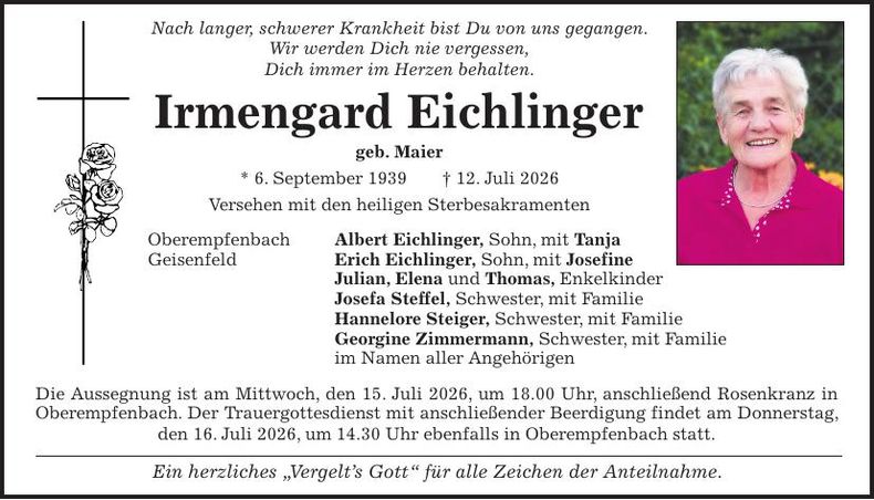 Traueranzeige Irmengard Eichlinger
