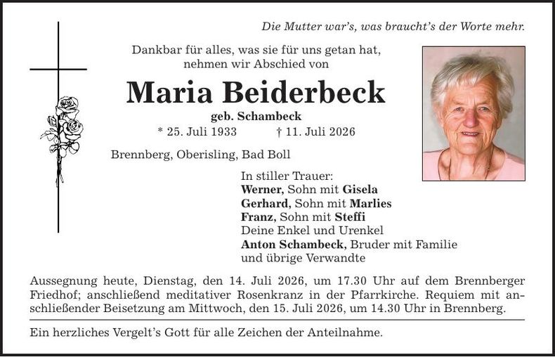 Traueranzeige Maria Beiderbeck