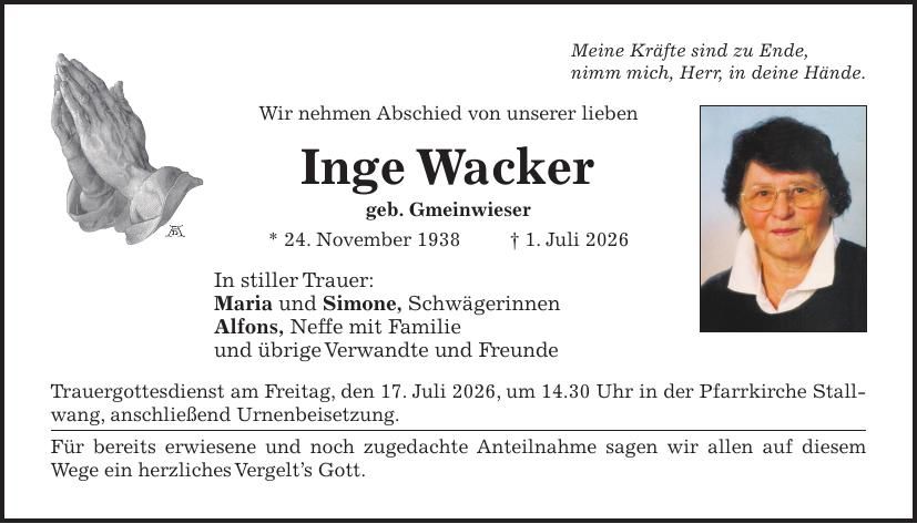Traueranzeige Inge Wacker