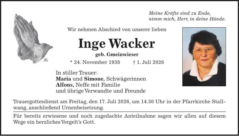 Traueranzeige Inge Wacker
