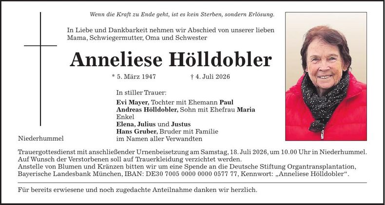 Traueranzeige Anneliese Hölldobler