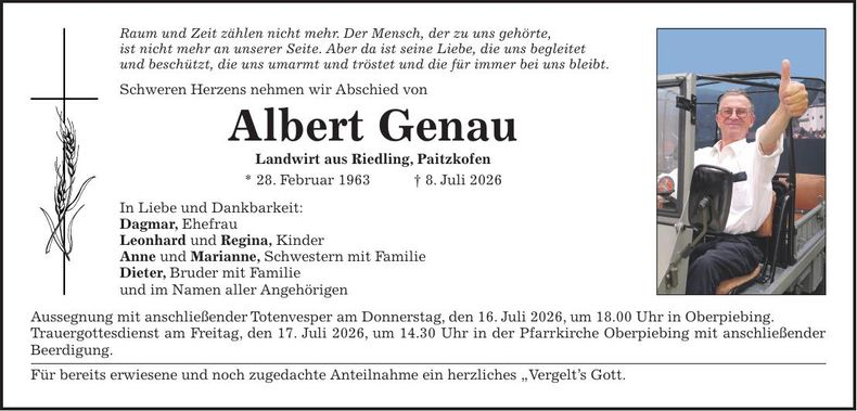 Traueranzeige Albert Genau