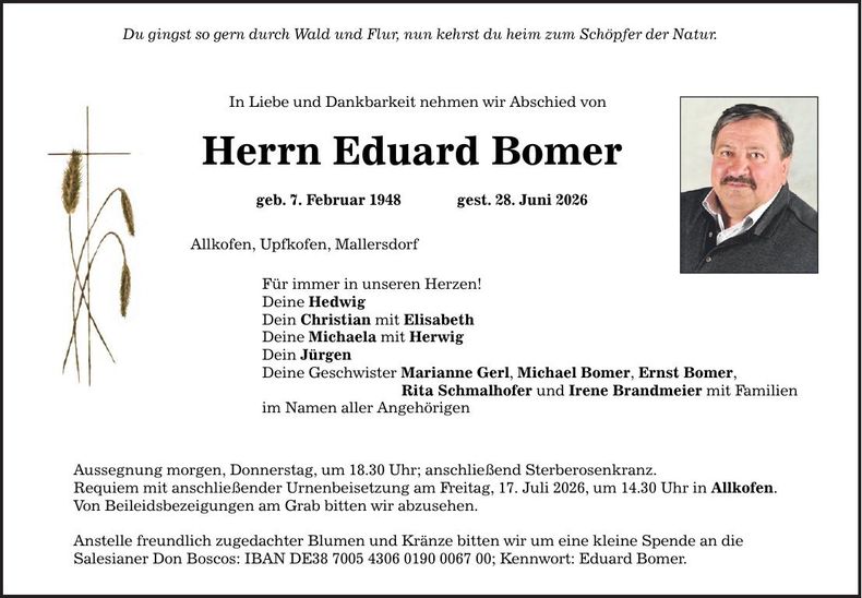 Traueranzeige Eduard Bomer