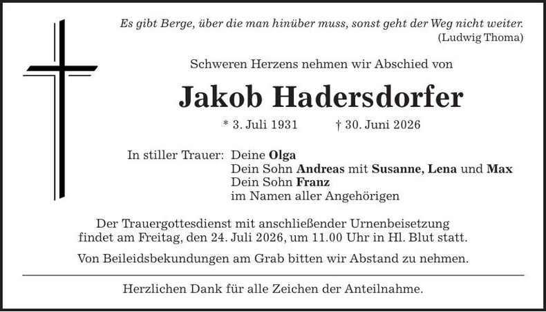 Traueranzeige Jakob Hadersdorfer