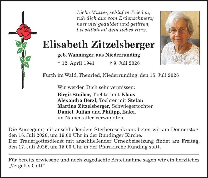 Traueranzeige Elisabeth Zitzelsberger